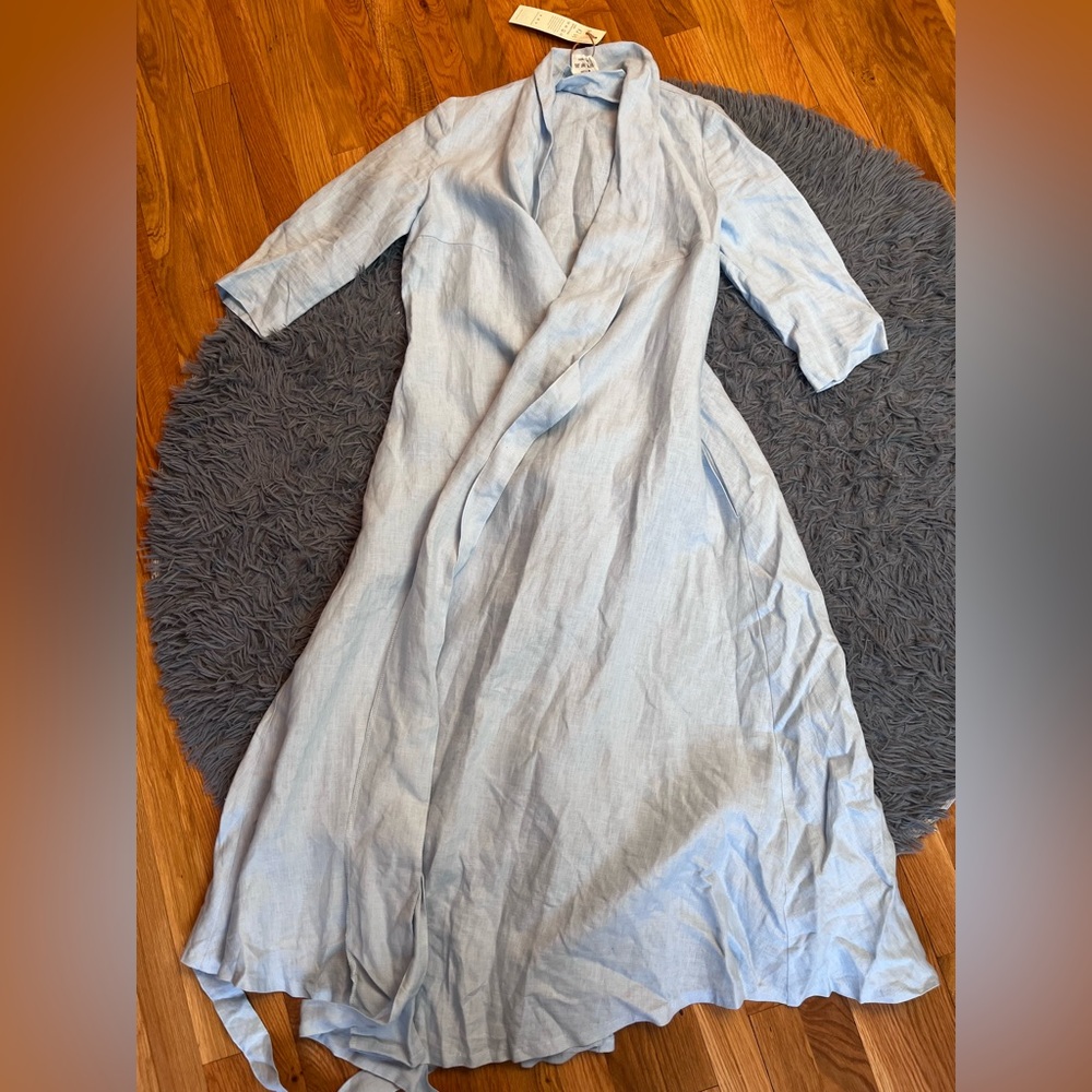 Linen Handmade Studio Light Blue 100% Linen Marlena Wrap Midi Dress Size 12 NWT - Picture 2 of 8